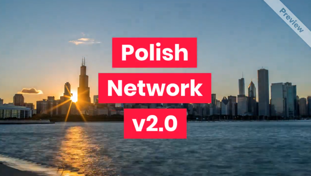 Interfejs portalu pn.social - Polish Network v2.0, prezentujący kluczowe funkcje: katalog firm polonijnych Chicago, ogłoszenia polonijne Chicago, wydarzenia dla Polonii i forum dyskusyjne.