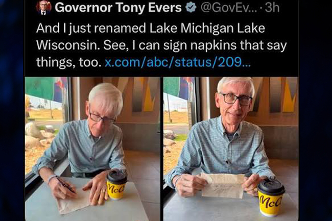 Gubernator Tony Evers zmienia nazwę jeziora Michigan na Wisconsin. To jego ironiczna reakcja na decyzję prezydenta ws. jeziora Ontario